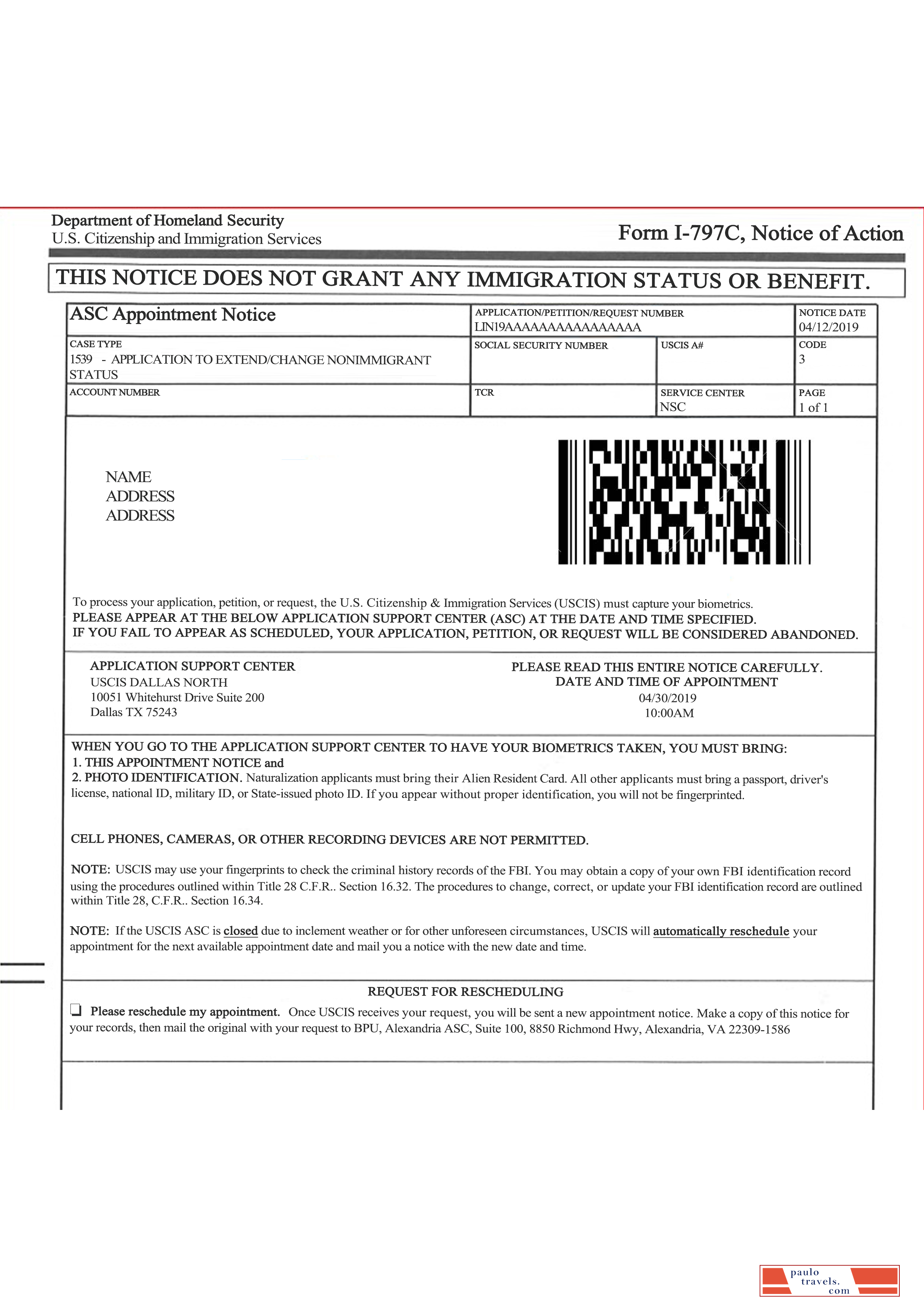 U.S. Citizenship and Immigration services form I 797C, Notice of action
